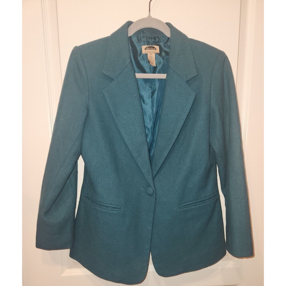 VTG Mark Reed Womens 6P Teal Green Wool Blazer Single Button Suit Jacket Work